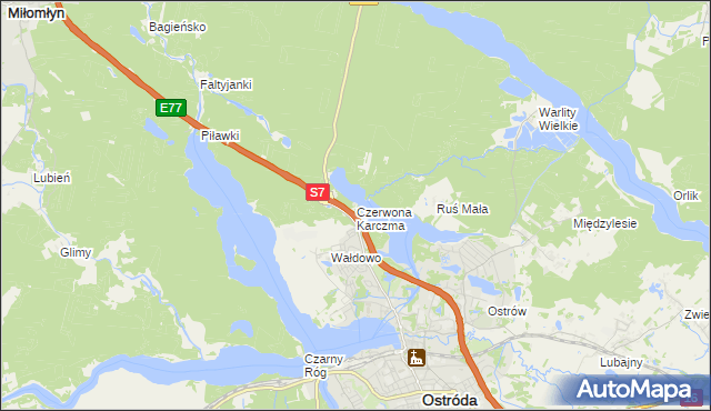 mapa Czerwona Karczma gmina Ostróda, Czerwona Karczma gmina Ostróda na mapie Targeo