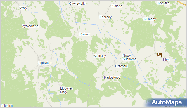 mapa Kiełbasy gmina Rozogi, Kiełbasy gmina Rozogi na mapie Targeo