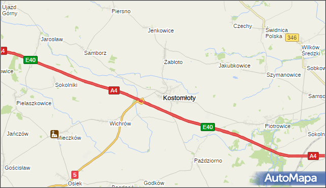 mapa Kostomłoty powiat średzki, Kostomłoty powiat średzki na mapie Targeo