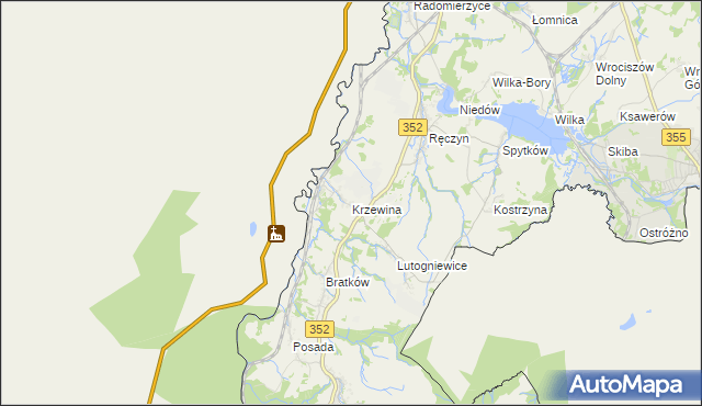 mapa Krzewina gmina Bogatynia, Krzewina gmina Bogatynia na mapie Targeo