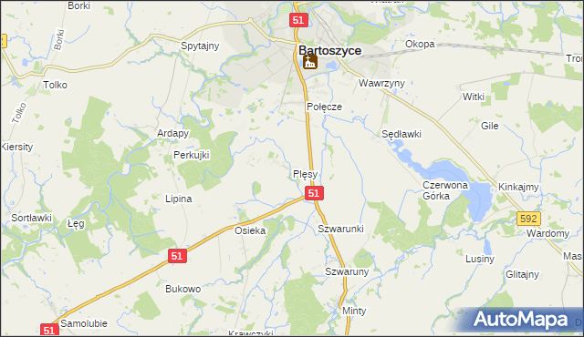 mapa Plęsy gmina Bartoszyce, Plęsy gmina Bartoszyce na mapie Targeo