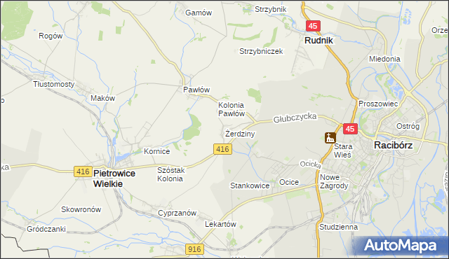 mapa Żerdziny gmina Pietrowice Wielkie, Żerdziny gmina Pietrowice Wielkie na mapie Targeo