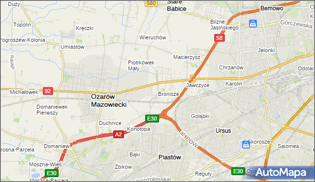 mapa Bronisze gmina Ożarów Mazowiecki, Bronisze gmina Ożarów Mazowiecki na mapie Targeo