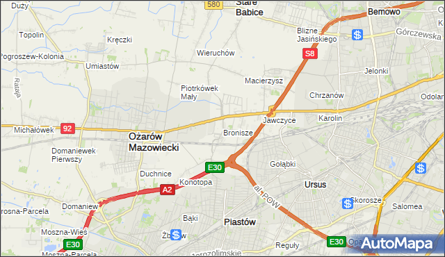 mapa Bronisze gmina Ożarów Mazowiecki, Bronisze gmina Ożarów Mazowiecki na mapie Targeo