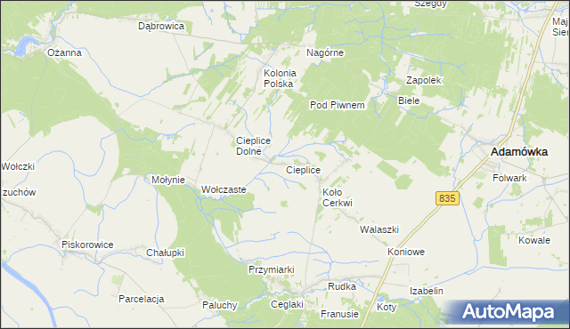 mapa Cieplice gmina Adamówka, Cieplice gmina Adamówka na mapie Targeo
