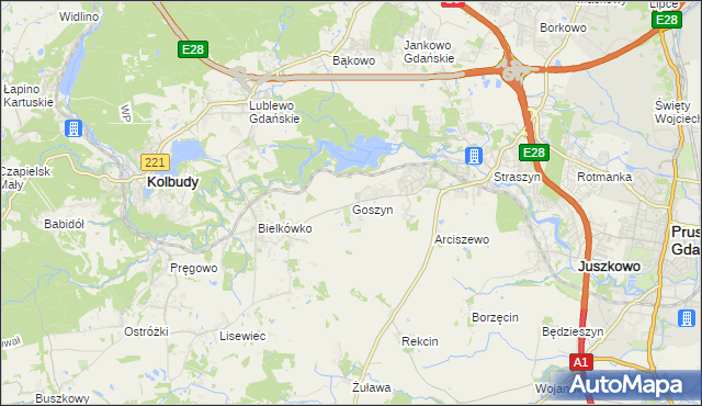 mapa Goszyn gmina Pruszcz Gdański, Goszyn gmina Pruszcz Gdański na mapie Targeo