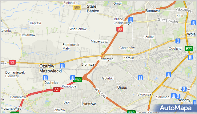 mapa Jawczyce gmina Ożarów Mazowiecki, Jawczyce gmina Ożarów Mazowiecki na mapie Targeo