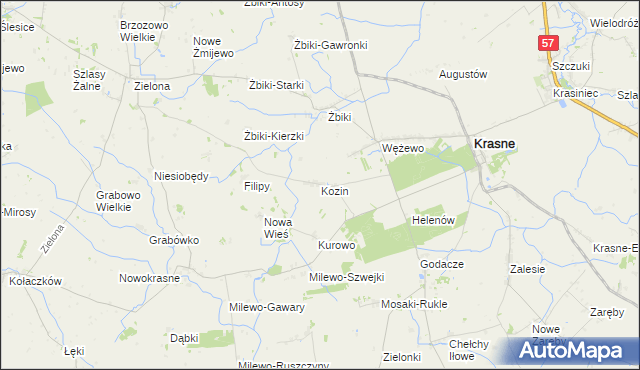 mapa Kozin gmina Krasne, Kozin gmina Krasne na mapie Targeo