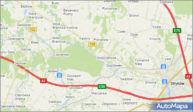 mapa Moszczenica gmina Zgierz, Moszczenica gmina Zgierz na mapie Targeo