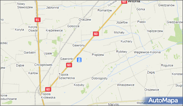 mapa Prądzew gmina Łęczyca, Prądzew gmina Łęczyca na mapie Targeo