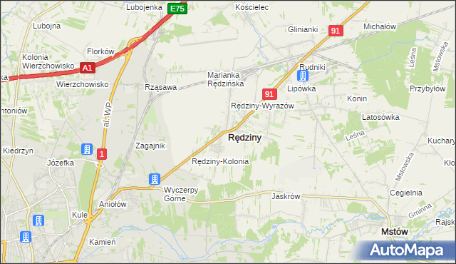 mapa Rędziny powiat częstochowski, Rędziny powiat częstochowski na mapie Targeo