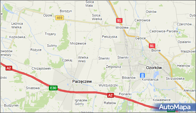 mapa Śliwniki gmina Parzęczew, Śliwniki gmina Parzęczew na mapie Targeo
