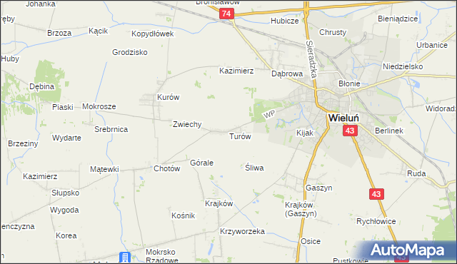 mapa Turów gmina Wieluń, Turów gmina Wieluń na mapie Targeo