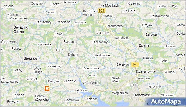 mapa Bieńkowice gmina Dobczyce, Bieńkowice gmina Dobczyce na mapie Targeo