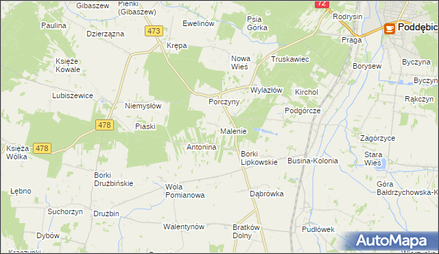 mapa Malenie gmina Poddębice, Malenie gmina Poddębice na mapie Targeo