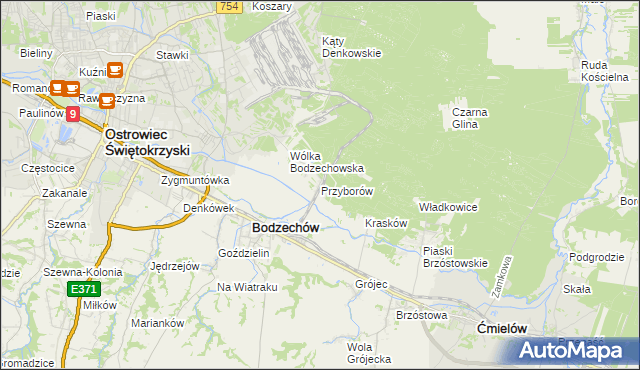 mapa Przyborów gmina Bodzechów, Przyborów gmina Bodzechów na mapie Targeo