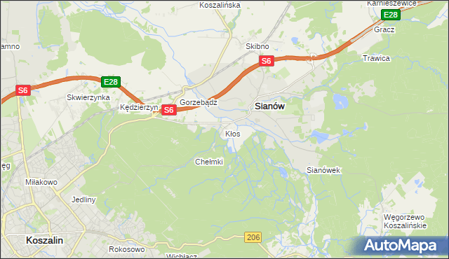 mapa Kłos gmina Sianów, Kłos gmina Sianów na mapie Targeo