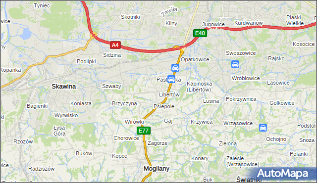 mapa Libertów gmina Mogilany, Libertów gmina Mogilany na mapie Targeo