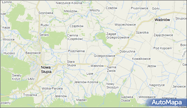 mapa Grzegorzowice gmina Waśniów, Grzegorzowice gmina Waśniów na mapie Targeo