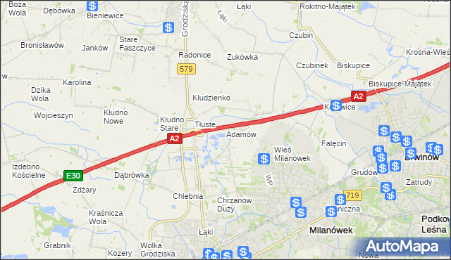 mapa Adamów gmina Grodzisk Mazowiecki, Adamów gmina Grodzisk Mazowiecki na mapie Targeo