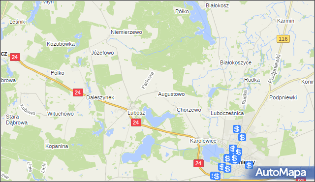 mapa Augustowo gmina Kwilcz, Augustowo gmina Kwilcz na mapie Targeo