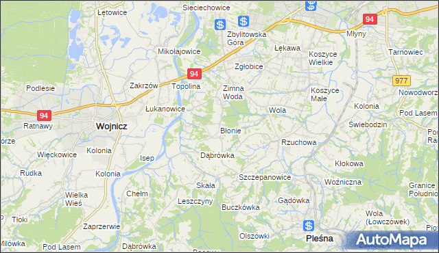 mapa Błonie gmina Tarnów, Błonie gmina Tarnów na mapie Targeo