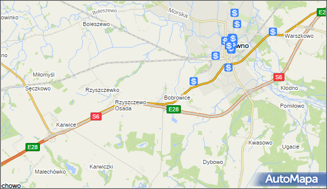 mapa Bobrowice gmina Sławno, Bobrowice gmina Sławno na mapie Targeo