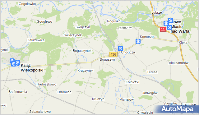mapa Boguszyn gmina Nowe Miasto nad Wartą, Boguszyn gmina Nowe Miasto nad Wartą na mapie Targeo