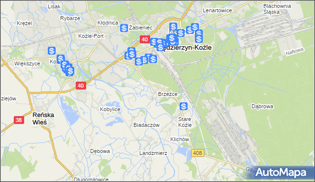 mapa Brzeźce gmina Bierawa, Brzeźce gmina Bierawa na mapie Targeo