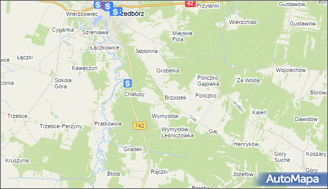 mapa Brzostek gmina Przedbórz, Brzostek gmina Przedbórz na mapie Targeo