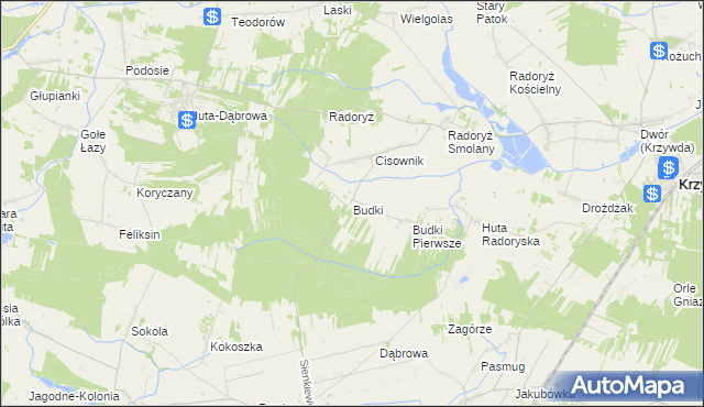 mapa Budki gmina Krzywda, Budki gmina Krzywda na mapie Targeo