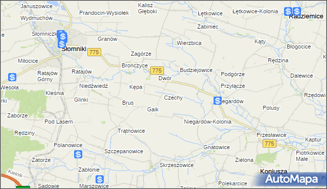 mapa Czechy gmina Słomniki, Czechy gmina Słomniki na mapie Targeo