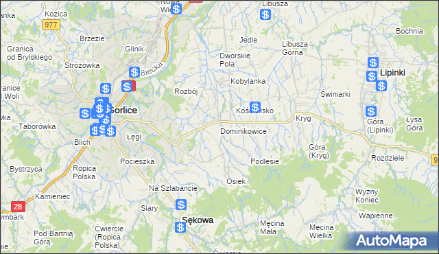 mapa Dominikowice gmina Gorlice, Dominikowice gmina Gorlice na mapie Targeo