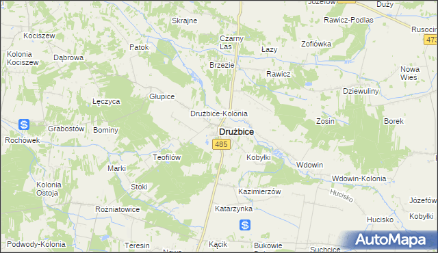 mapa Drużbice, Drużbice na mapie Targeo