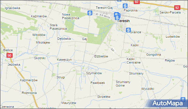 mapa Elżbietów gmina Teresin, Elżbietów gmina Teresin na mapie Targeo