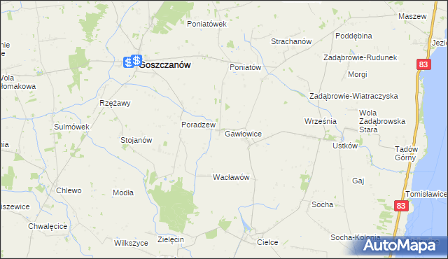 mapa Gawłowice gmina Goszczanów, Gawłowice gmina Goszczanów na mapie Targeo