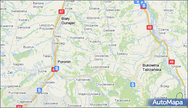 mapa Gliczarów Górny, Gliczarów Górny na mapie Targeo
