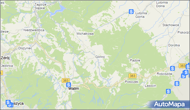 mapa Glinno gmina Walim, Glinno gmina Walim na mapie Targeo