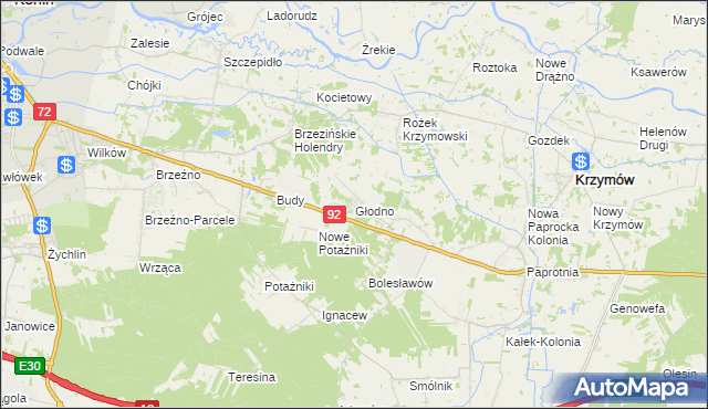 mapa Głodno gmina Krzymów, Głodno gmina Krzymów na mapie Targeo