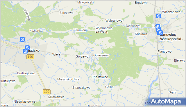 mapa Gołaszewo gmina Mieścisko, Gołaszewo gmina Mieścisko na mapie Targeo