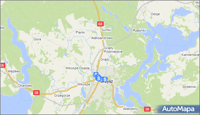 mapa Grądy gmina Orzysz, Grądy gmina Orzysz na mapie Targeo