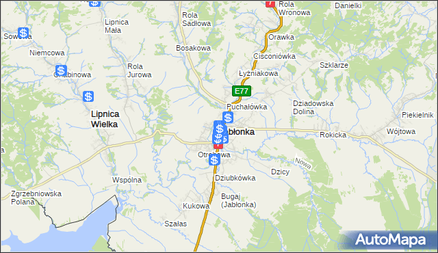 mapa Jabłonka powiat nowotarski, Jabłonka powiat nowotarski na mapie Targeo