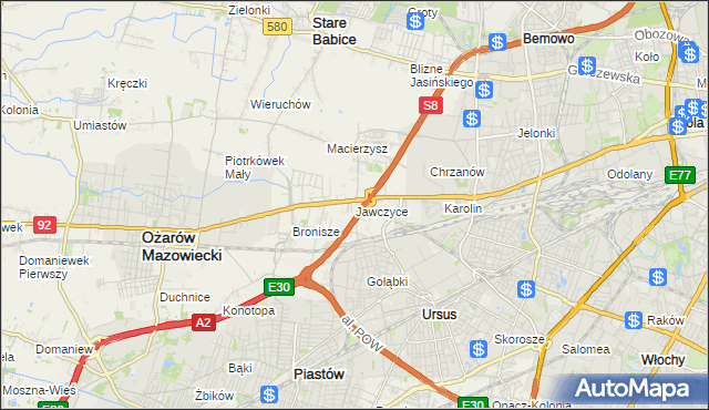mapa Jawczyce gmina Ożarów Mazowiecki, Jawczyce gmina Ożarów Mazowiecki na mapie Targeo