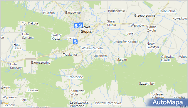 mapa Jeleniów gmina Nowa Słupia, Jeleniów gmina Nowa Słupia na mapie Targeo