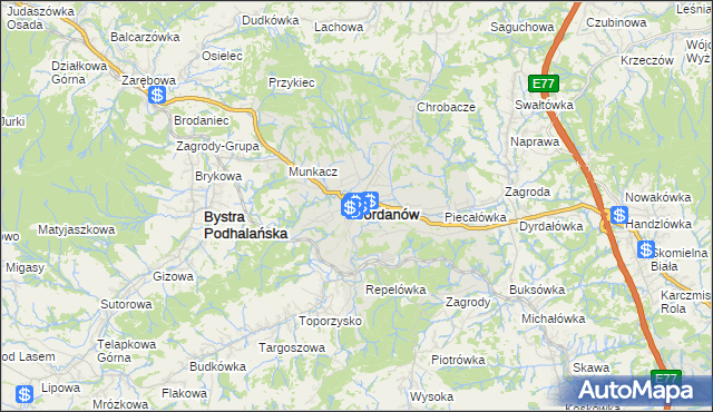 mapa Jordanów powiat suski, Jordanów powiat suski na mapie Targeo