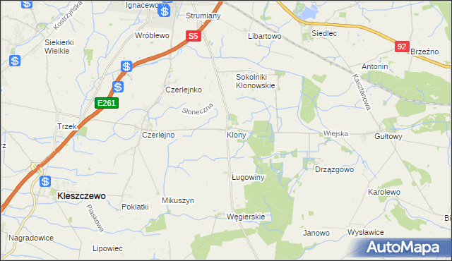 mapa Klony gmina Kostrzyn, Klony gmina Kostrzyn na mapie Targeo