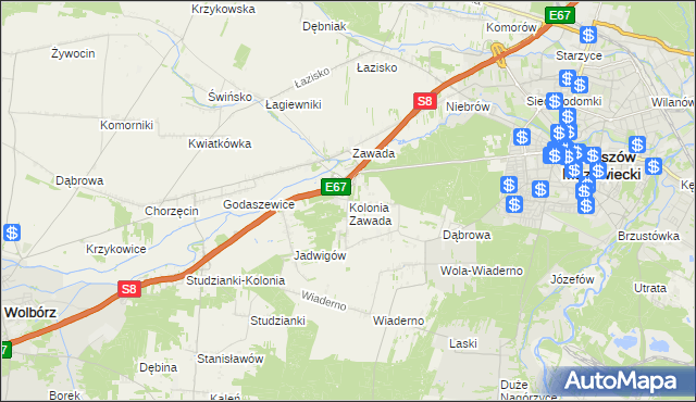 mapa Kolonia Zawada gmina Tomaszów Mazowiecki, Kolonia Zawada gmina Tomaszów Mazowiecki na mapie Targeo