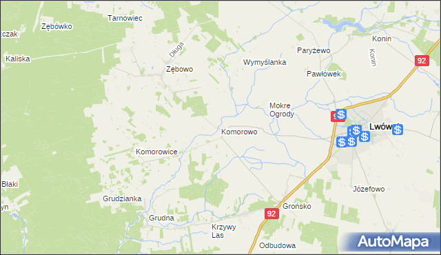 mapa Komorowo gmina Lwówek, Komorowo gmina Lwówek na mapie Targeo