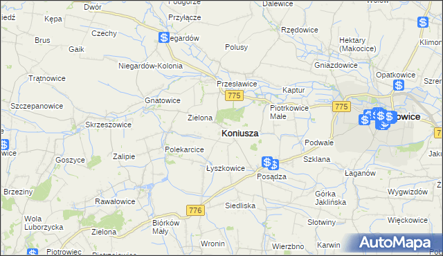 mapa Koniusza powiat proszowicki, Koniusza powiat proszowicki na mapie Targeo