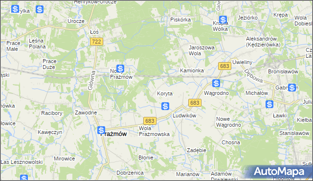 mapa Koryta gmina Prażmów, Koryta gmina Prażmów na mapie Targeo